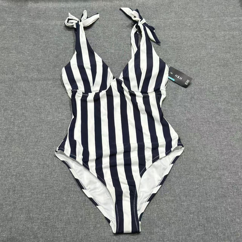 出口欧美女士成人V领纯色竖条双肩带绑带性感露背三角连体游泳衣