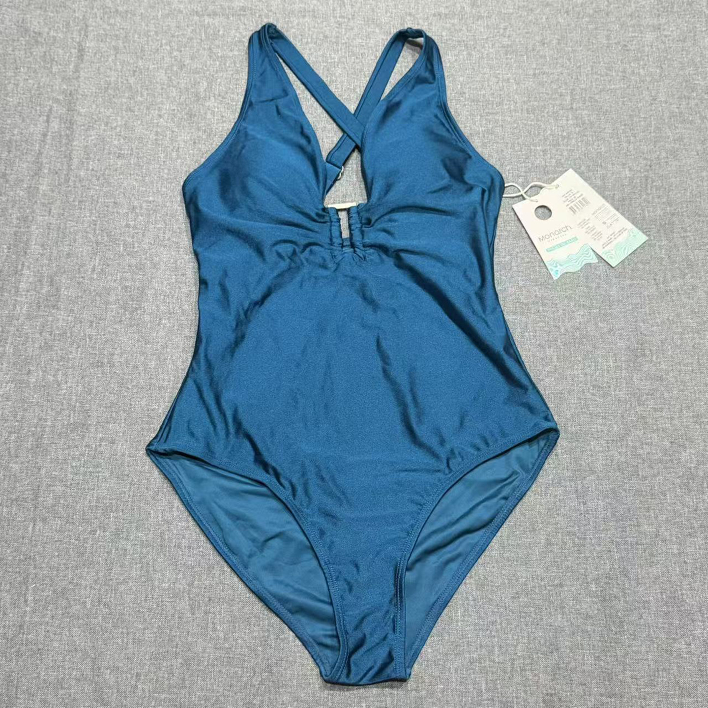 出口欧美女士成人前胸方环饰品露背后交叉双肩简约三角连体游泳衣