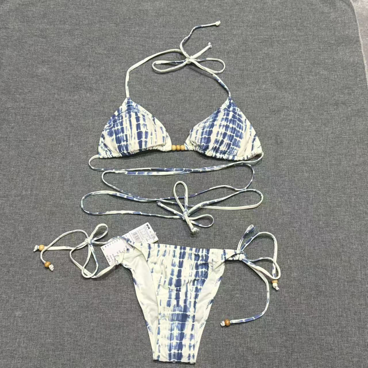 出口欧美女士成人竹节花三角杯比基尼绑腰带子简约性感分体游泳衣