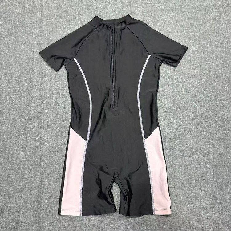 国内原单女童青少年竞赛服前中拉链防晒连体游泳衣短袖平角潜水服