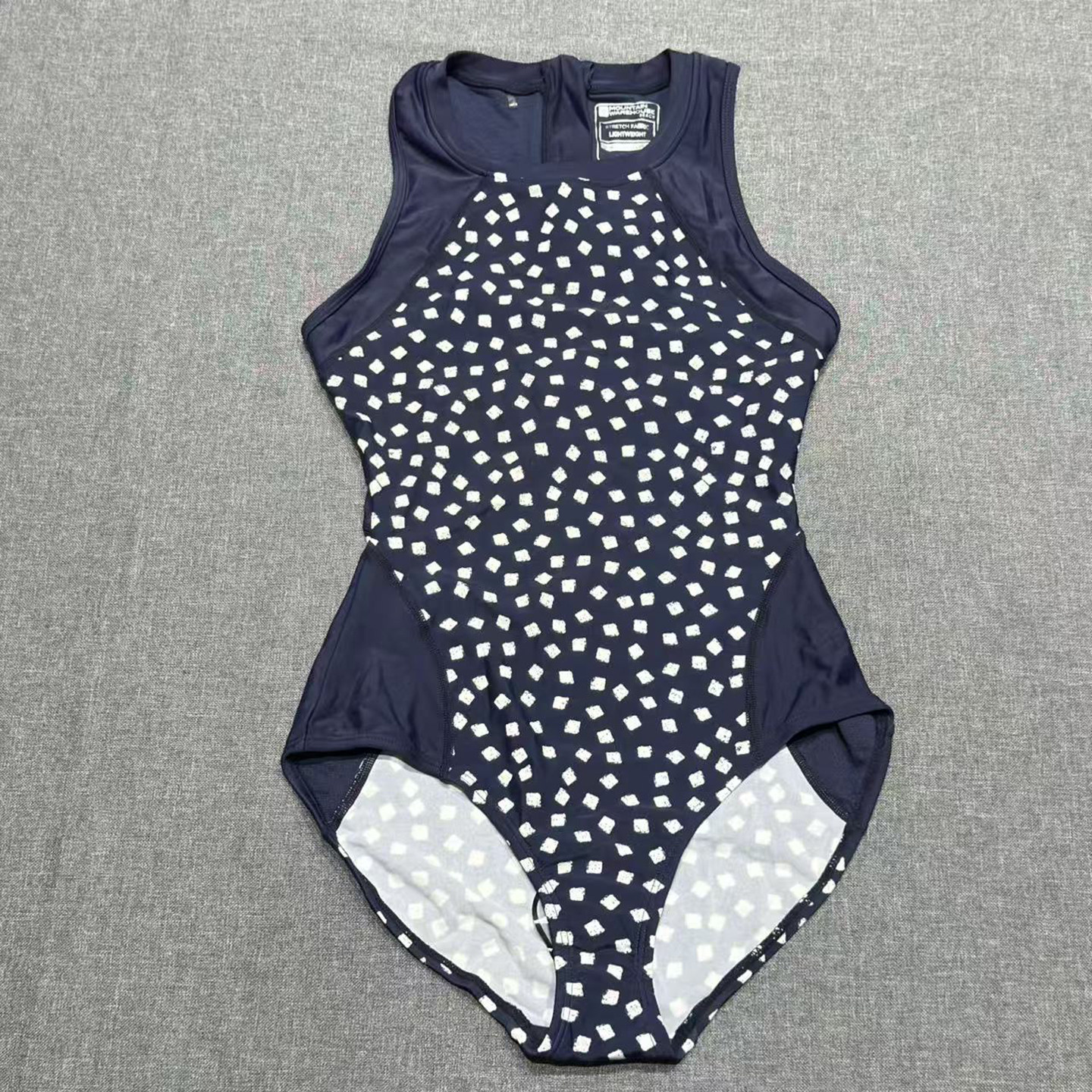 出口欧美单女士圆领藏青圆点后拉链专业竞赛三角无胸垫连体游泳衣