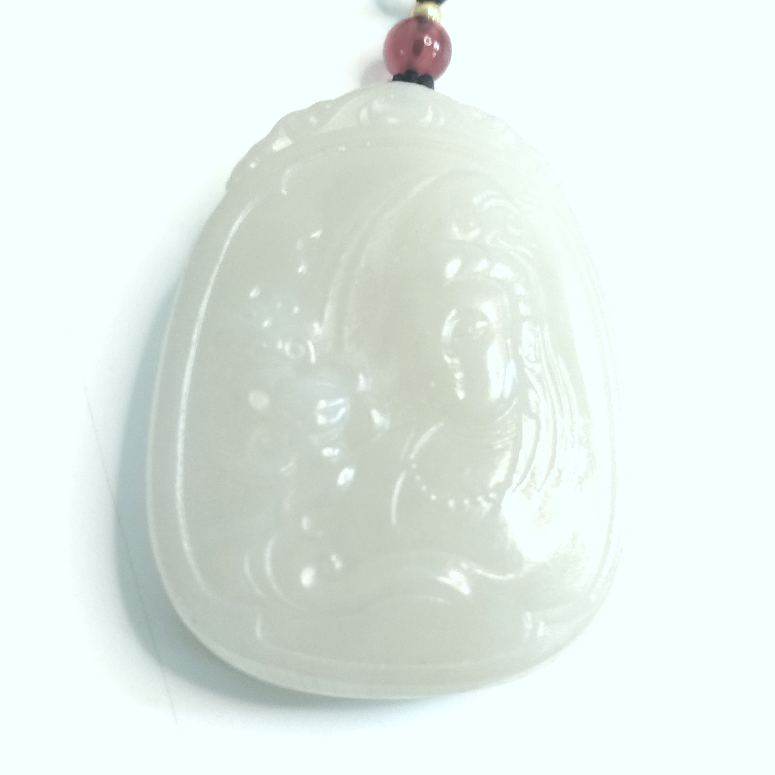 和田玉粉白玉俄料观音吊坠挂件，正庄双面雕有山有水财自来