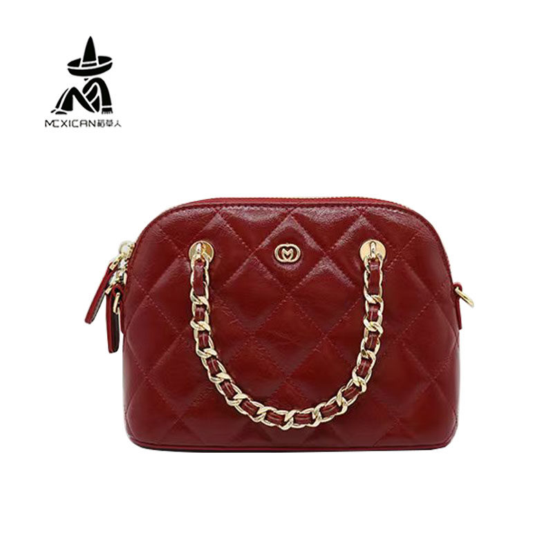 稻草人牛皮女包2025新款专柜同款正品单肩斜挎手提菱格链条贝壳包