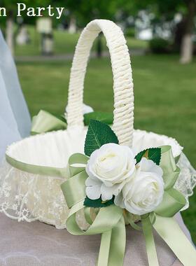 田园风藤编蕾丝花篮结婚庆花童撒花瓣手提篮子送月子礼蕾丝花篮