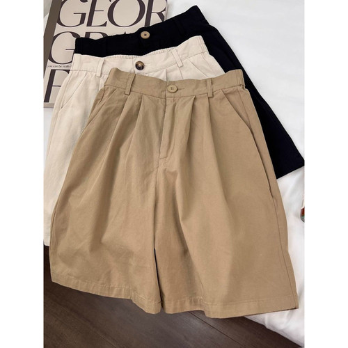 原版水洗 卡其色工装短裤女夏薄款高腰a字阔腿宽松休闲五分裤