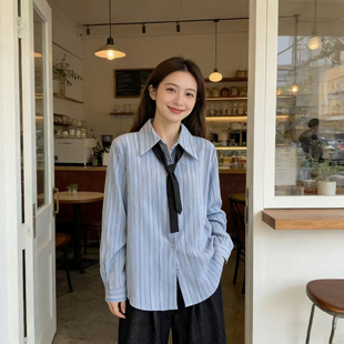 新款 衬衫 大码 条纹肌理感翻领长袖 胖mm宽松显瘦上衣潮 女装 实拍春季