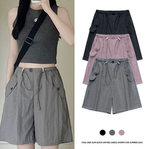 灰色工装短裤女夏季薄款高腰休闲阔腿设计感速干运动美式五分裤子
