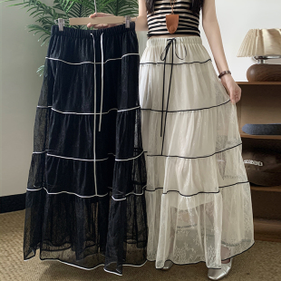 高腰显瘦拼接纱裙气质飘逸长裙压褶大摆裙 女装 法式 蕾丝半身裙大码