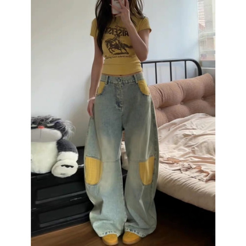 甜酷辣妹美式风格子拼接弯刀牛仔裤女设计感水洗宽松显瘦阔腿长裤