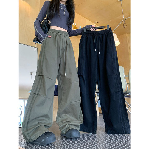 实拍 全棉水洗 美式褶皱直筒工装裤男复古宽松高街阔腿休闲长裤