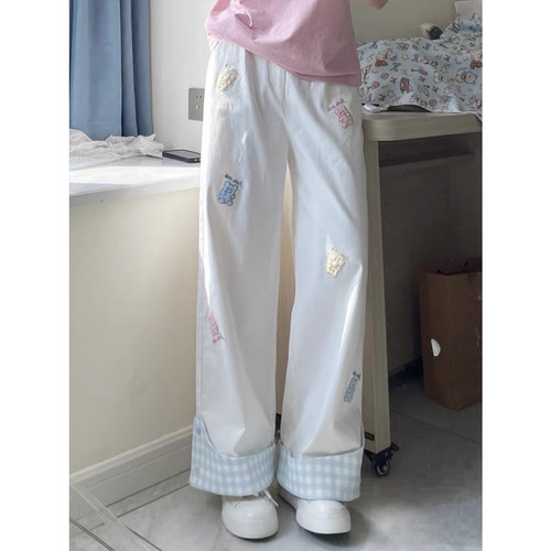 白色可爱小熊刺绣格纹拼接牛仔裤女夏季高腰显瘦宽松直筒阔腿裤子