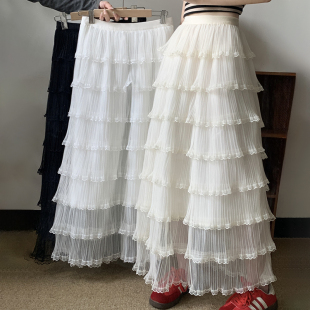 春夏百褶蛋糕裙大码 网纱A字裙压褶拼接花边半身裙多层蓬蓬裙 女装