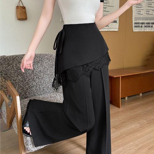 实拍假两件蕾丝拼接屁帘阔腿裤女夏季高腰显瘦西装休闲直筒拖地裤