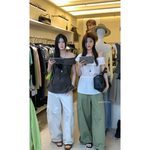 MZI STUDIO-韩调荷叶边斜肩收腰系带笨蛋美女气质套头小衫157265#