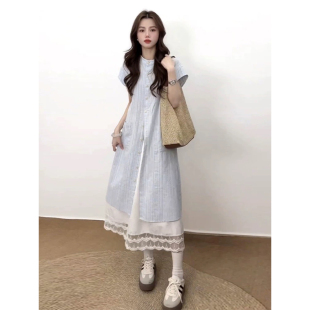 连衣裙女夏季 衬衫 海边度假风气质宽松显瘦A字裙 甜美条纹短袖 法式