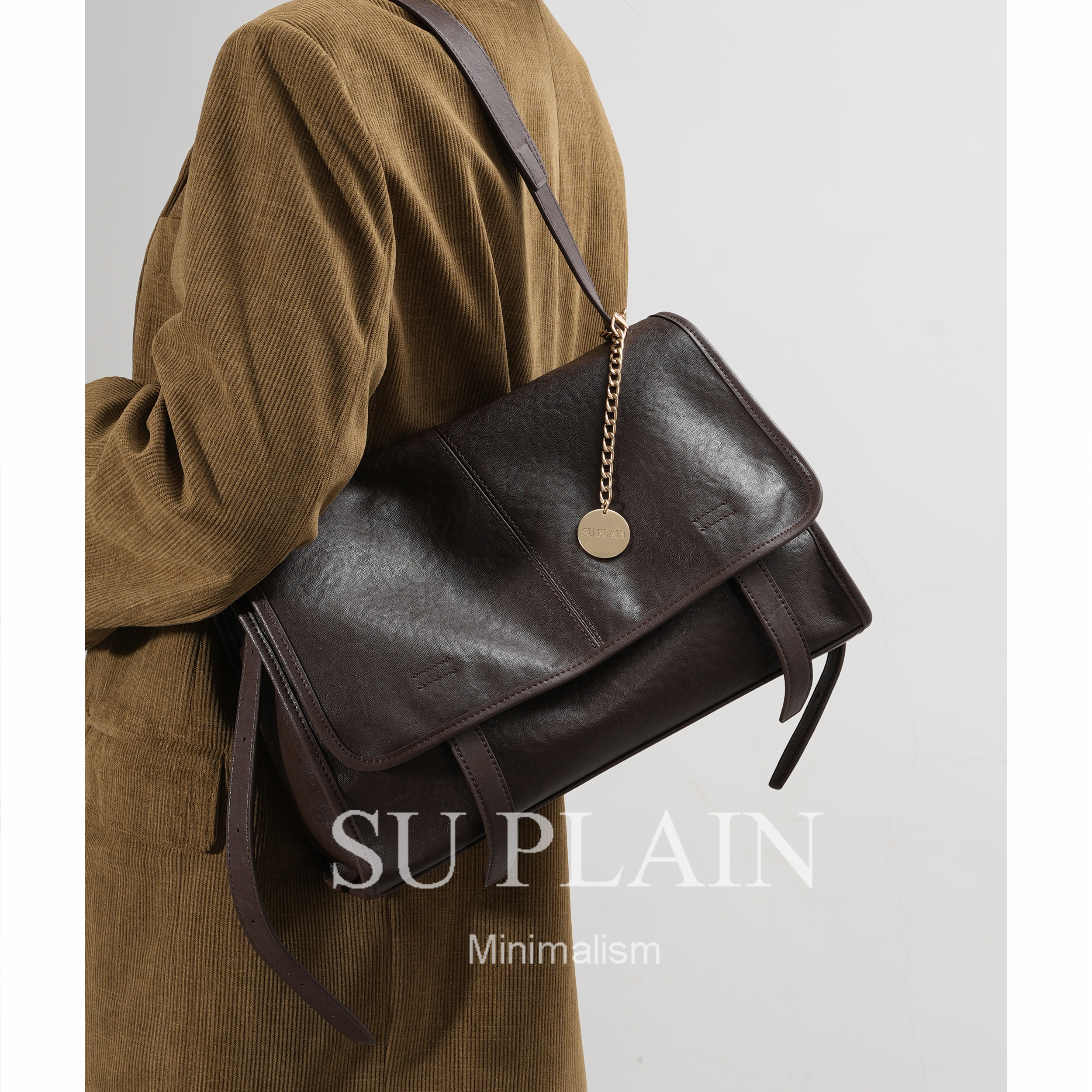 SU PLAIN南素野野  头层植鞣牛皮单肩斜挎公文包小众轻奢气质女包