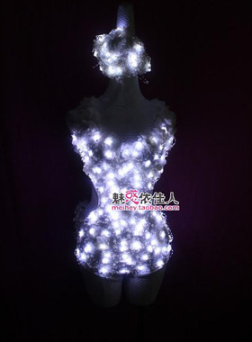 情人节白色发光LED玫瑰连体头饰套装大气女歌手gogo演出服舞台装