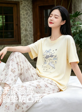 女士纯棉短袖长裤带胸垫睡衣夏季薄款全棉卡通休闲宽松家居服套装