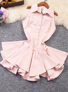 实拍新款个性女装韩系POLO领单排扣修身不规则荷叶边超短裙连衣裙