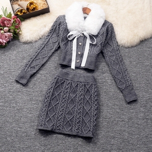 显瘦包臀裙两件套 单排扣收腰上衣 实拍麻花针织套装 毛毛绑带毛领