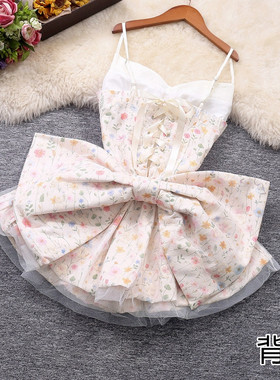 实拍女装特色后背系带大蝴蝶结印花网纱花裙子+短裤时尚两件套装