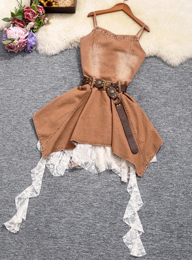 实拍复古潮流感不规则垂感蕾丝边系带收腰铆钉吊带洗水牛仔连衣裙