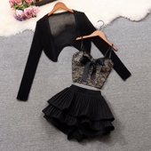 三件套装 防晒小外套 蝴蝶结吊带蕾丝衫 网红女装 百褶荷叶边短裙裤