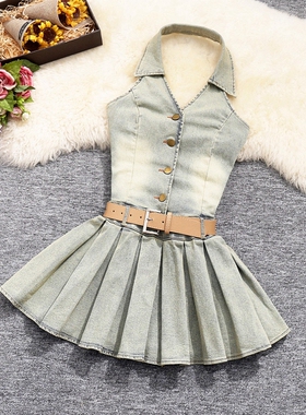 实拍夏季女装新款港风POLO领单排扣修身显瘦无袖牛仔连衣裙新增色