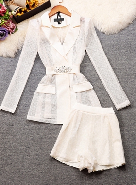 实拍高级感镂空网格亮片蕾丝西装外套高腰短裤韩版修身两件套装女