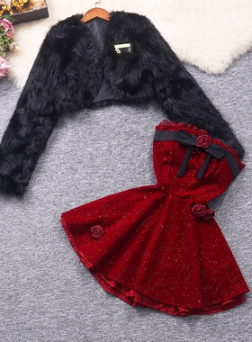 实拍经典黑红搭配短款毛毛薄外套立体花朵蓬蓬裙裹胸裙两件套装潮