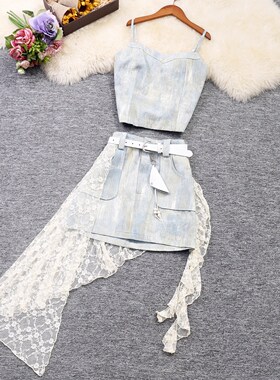实拍夏季女装新款个性不对称牛仔两件套吊带上衣搭配短裙洋气套装