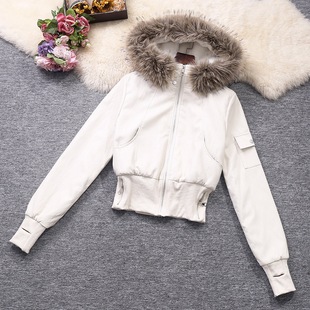 PU皮质短外套 大毛毛领连帽拉链立领加厚绒毛里衬修身 实拍冬季 女装
