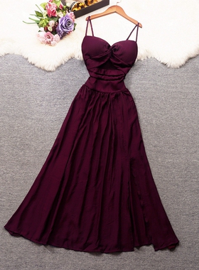 实拍性感拧花V领开衩吊带裙镂空修身收腰女人味中长款度假连衣裙