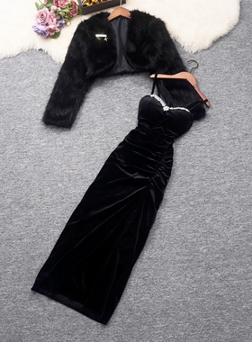 冬装女装高级感毛毛外套+重工钉珠丝绒中长款吊带裙洋气两件套装