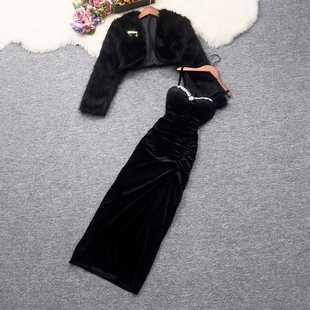 冬装女装高级感毛毛外套+重工钉珠丝绒中长款吊带裙洋气两件套装