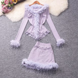 蕾丝边淡紫色两件套装 毛毛袖 性感露锁骨大V领修身 实拍纯欲风女装