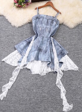 实拍夏季女装新款设计感不规则蕾丝拼接牛仔吊带裙韩潮流感连衣裙