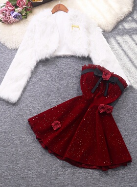 实拍高级感白色毛毛外套搭配红色立体花朵蓬蓬抹胸裙洋气两件套装