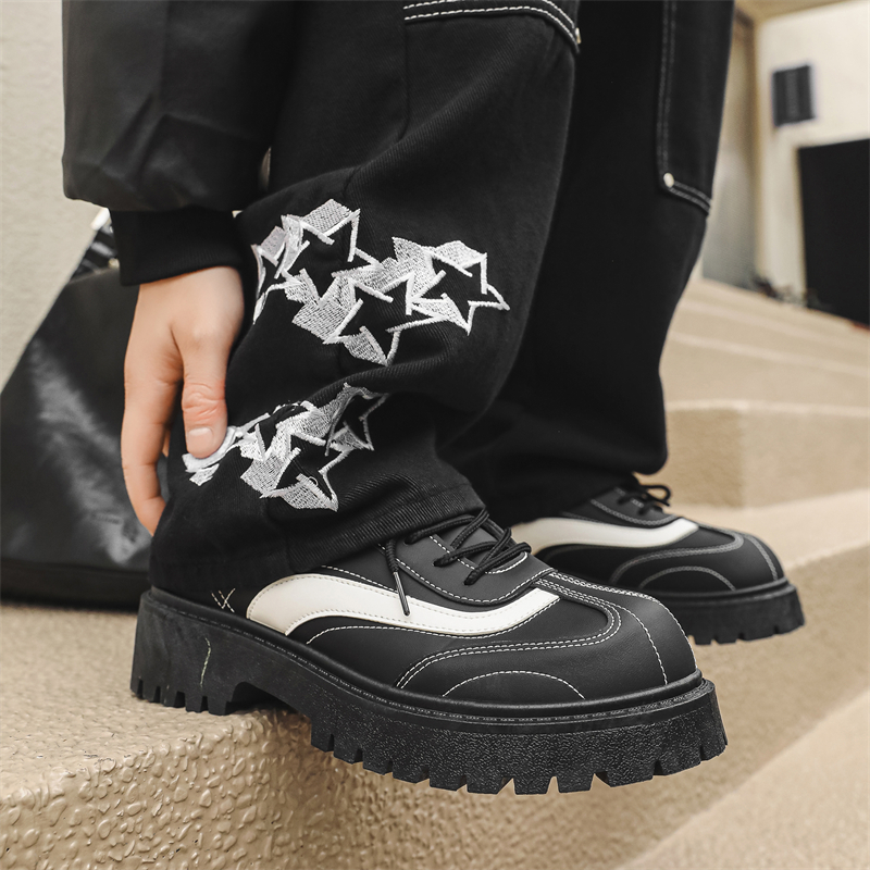 B218-1982-P65潮流拼色缝线皮鞋男士休闲厚底百搭个性时尚大头鞋，男鞋皮鞋，电商B218