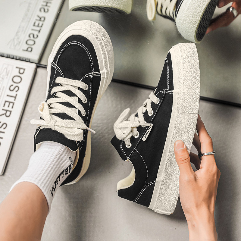 B218-1625-P55港风ins简约纯色小白鞋低帮厚底复古潮鞋帆布鞋子，男鞋帆布鞋，电商B218