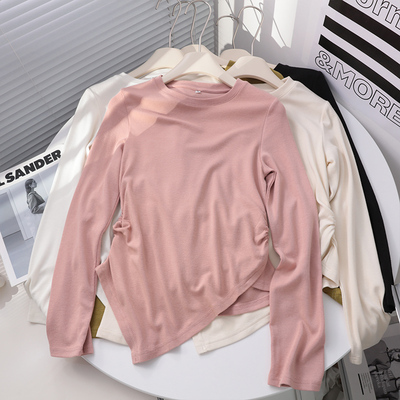 设计感~不规则下摆修身长袖t恤女