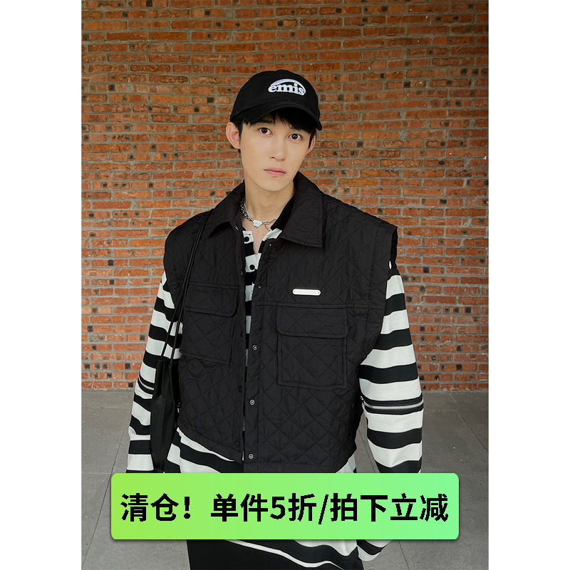 菱形格绗棉坎肩马甲男外穿