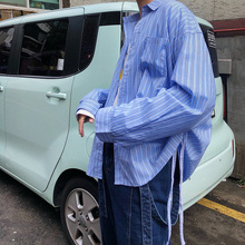 设计感港风宽松小清新衬衣外套春秋 男长袖 BANGBOY 拼色蓝条纹衬衫