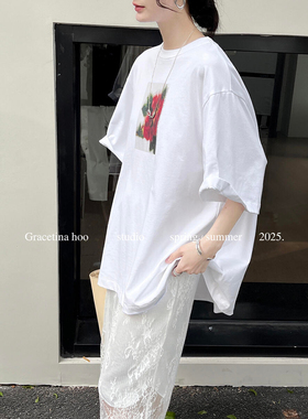 春夏上新 花卉印花韩系简约通勤慵懒松弛感t恤女