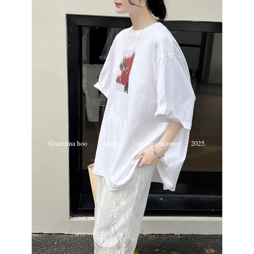 春夏上新 花卉印花韩系简约通勤慵懒松弛感t恤女