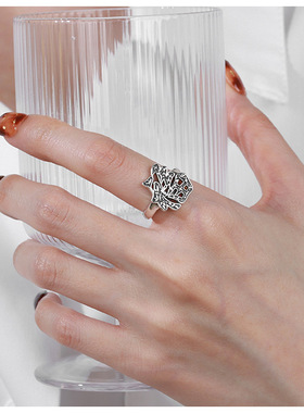 云尚服饰S925银树叶图案福字指环生机勃勃福字钩针带线开口戒指