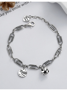 云尚服饰s925纯银个性回形针手链ins笑脸铃铛日韩版冷淡风手饰女