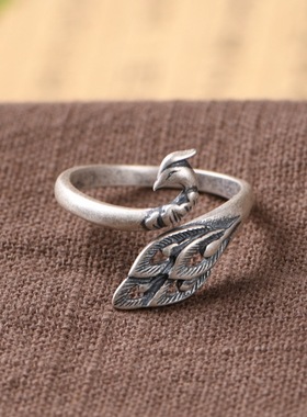 云尚服饰S925银复古银孔雀戒指 时尚民族风银饰食指戒 女款指环