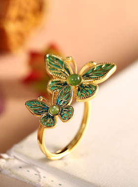 云尚服饰时尚国潮手饰s925银镀金饰品女式碧玉蝴蝶戒指 开口指环