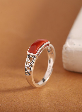云尚服饰泰银复古手饰s925银饰品南红戒指 开口指环马鞍戒